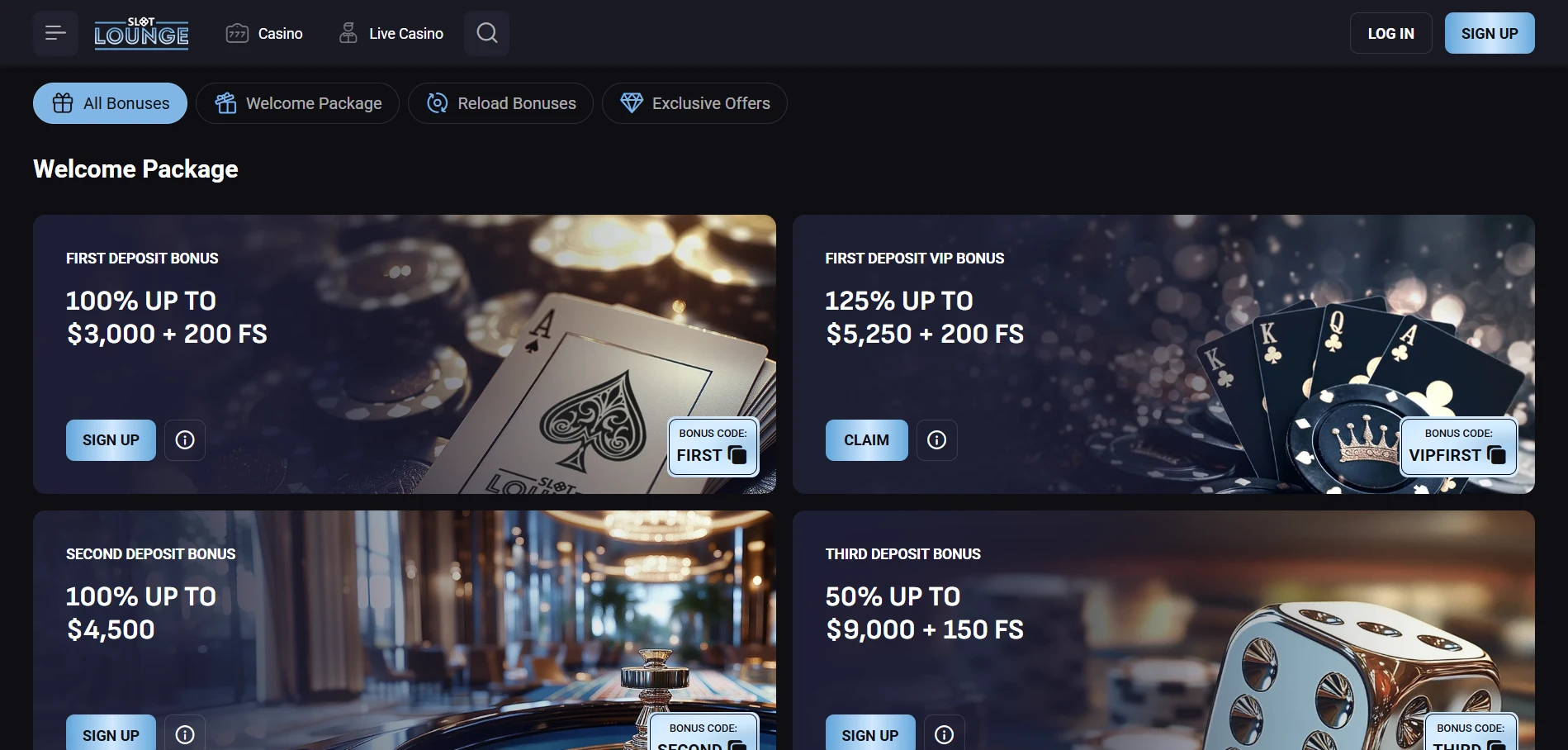 SlotLounge bonus page with the Welcome Package cards for the first, VIP first, second and third deposit