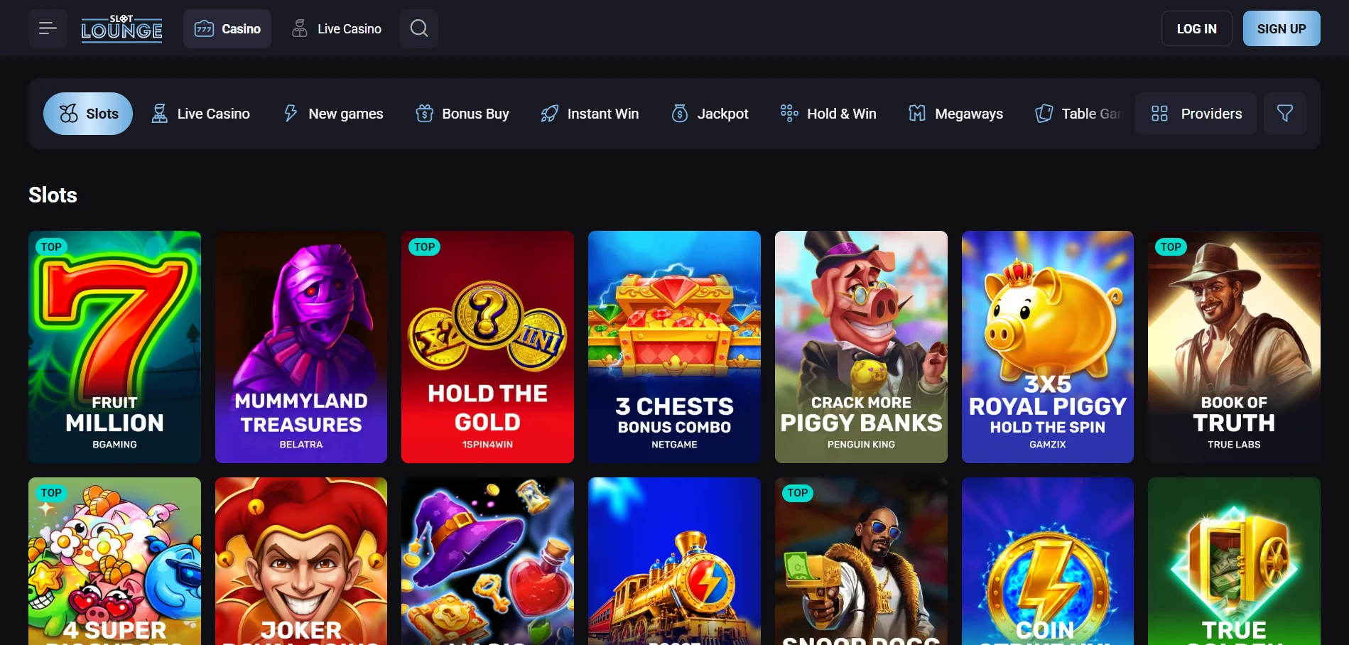 SlotLounge slots lobby with the category tabs and game covers such as Fruit Million, Mummyland Treasures and Book of Truth