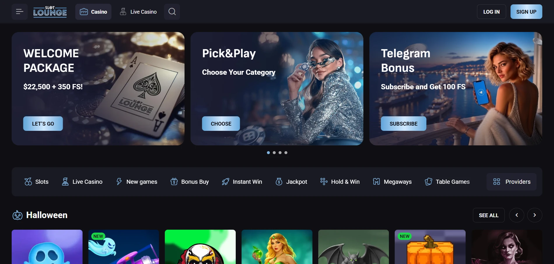 SlotLounge home page with the Welcome Package banner of $22,500 + 350 FS, the Pick&Play banner and the Telegram Bonus banner