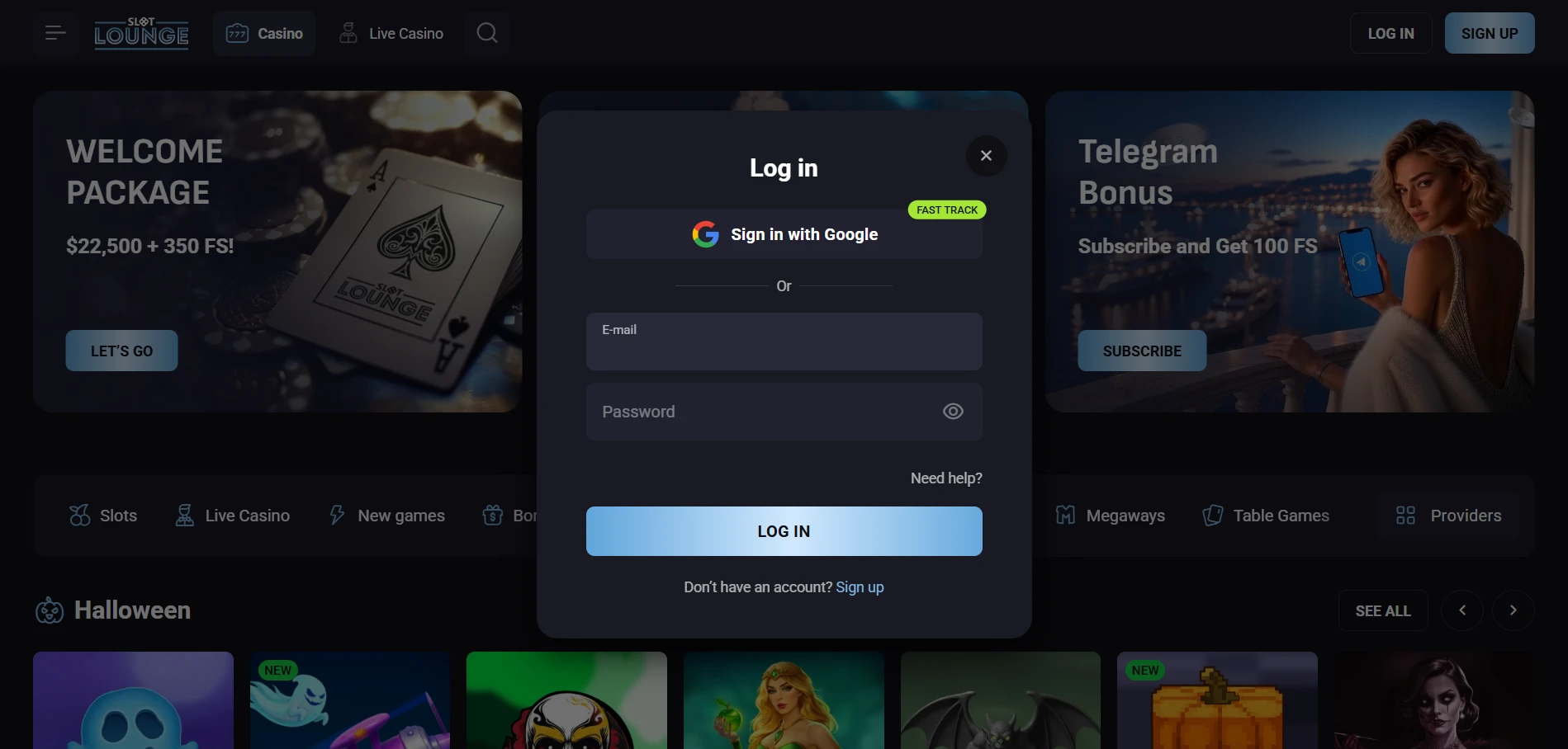 SlotLounge Log in pop-up with the Sign in with Google button, email and password fields and the Need help link