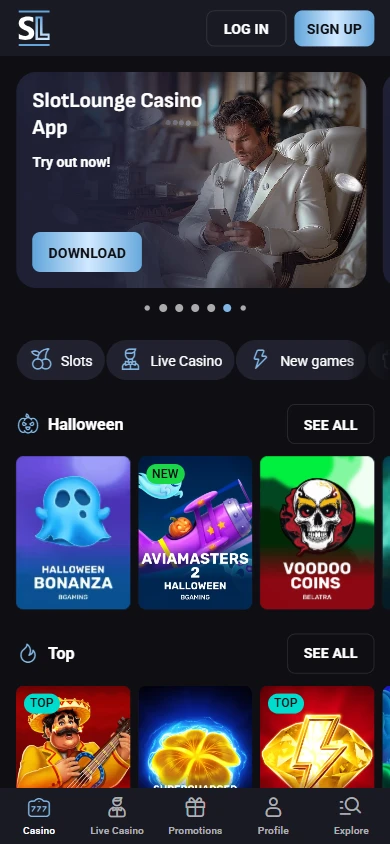 SlotLounge mobile home screen with the SlotLounge Casino App banner, category chips and the bottom navigation bar